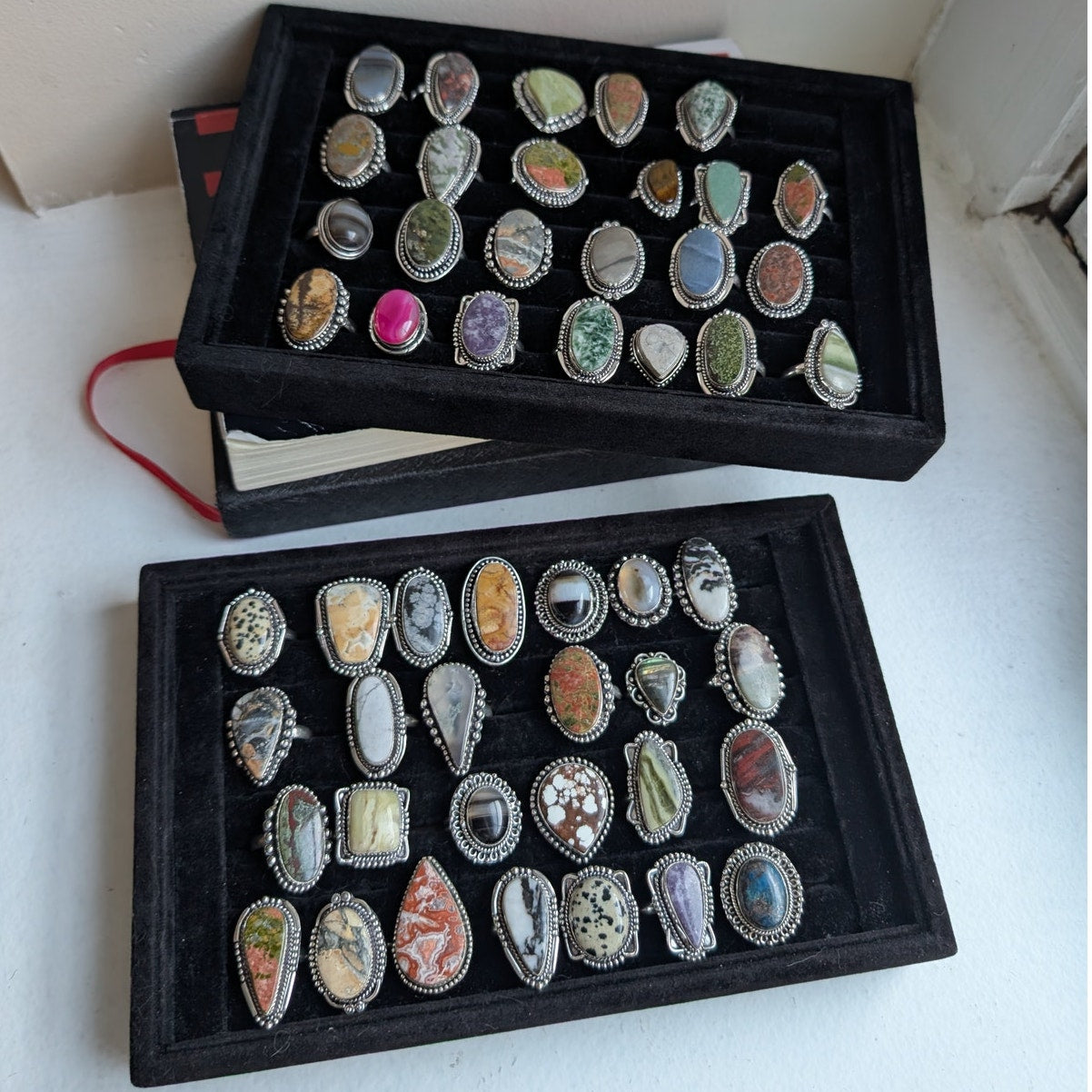 Rusty Red Grey Teardrop Sterling Silver Ring Size 6.5 Retro Vintage Boho Chic