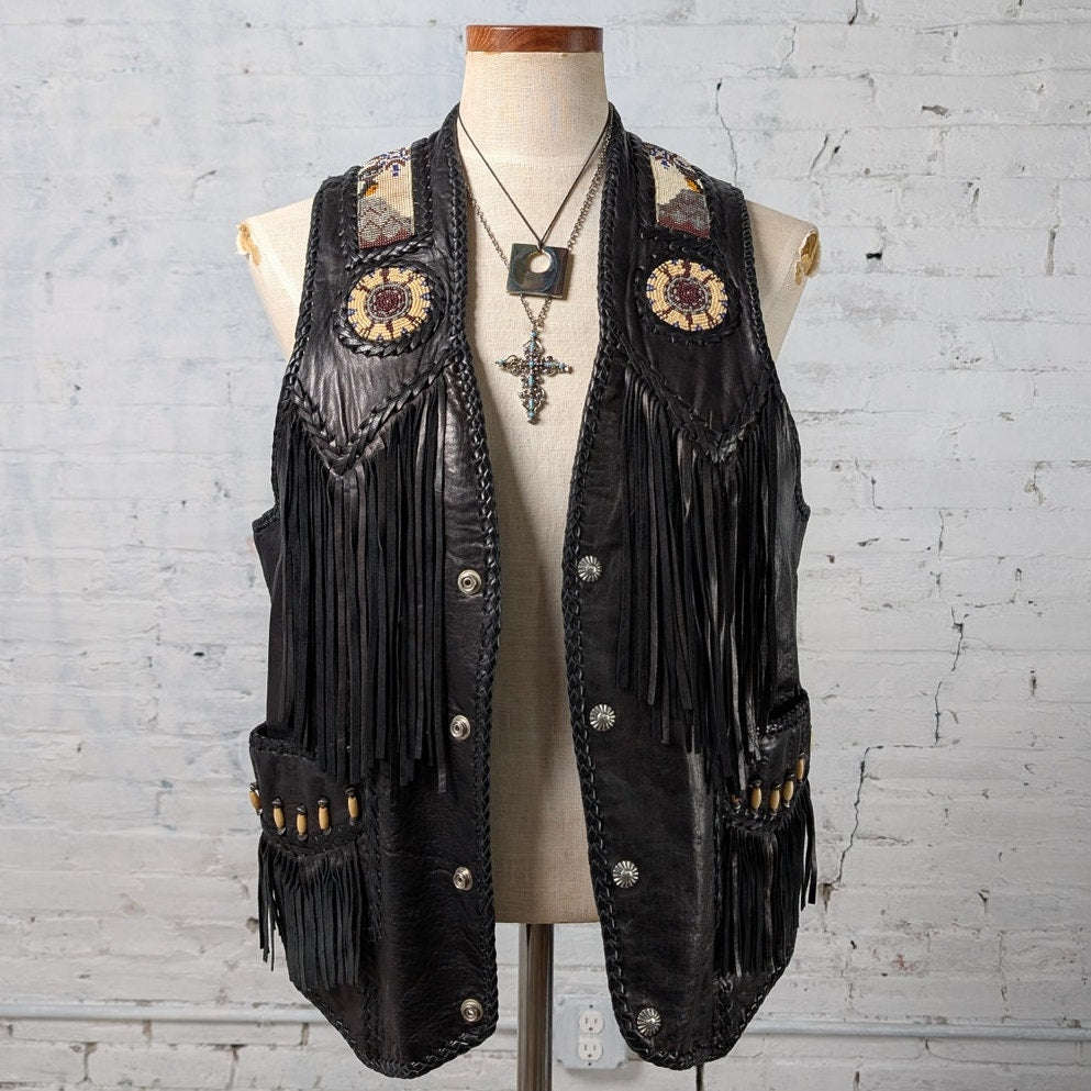 Vintage Black Leather Biker Vest Western Cowboy Fringe Vest Beaded Top Medium