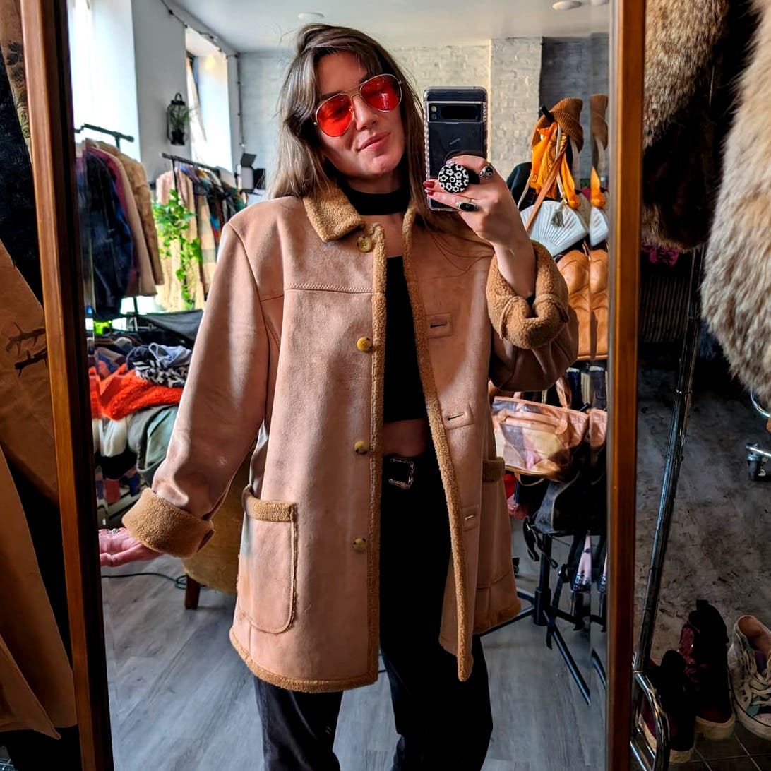 90s Vintage Vegan Suede Faux Fur Coat Penny Lane Neutral Boho Minimalist Jacket