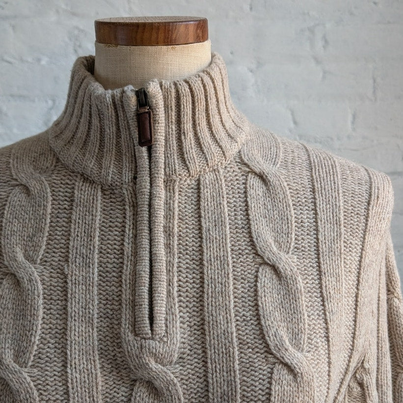 Y2K Neutral Oatmeal Lambswool Cable Knit Sweater Chunky Fisherman Minimalist Top