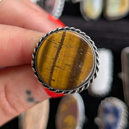 Golden Brown Tigers Eye Boho Statement Ring Round Silver Vintage Groovy Sz 8.75