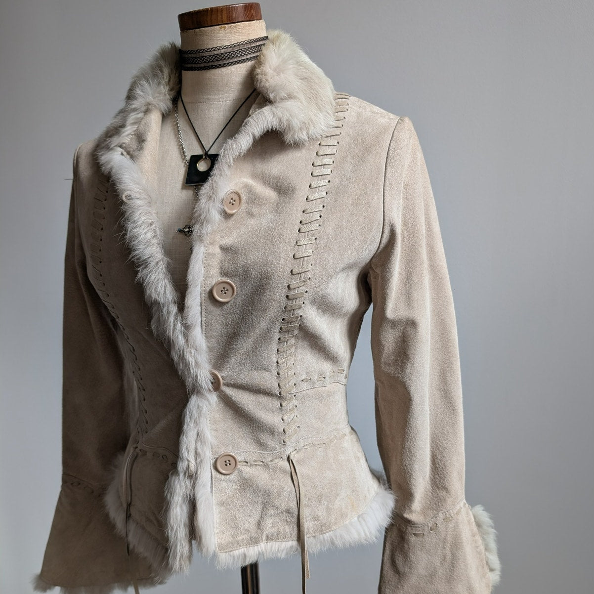 Vintage Tan Suede Penny Lane Coat Neutral Leather Fur Trim Boho Chic Coat Small