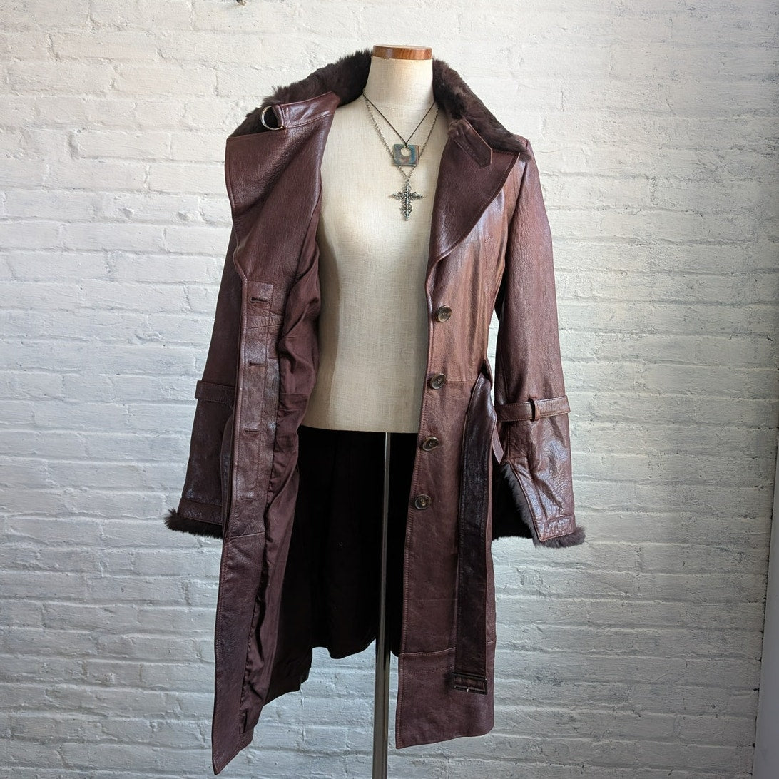 Vintage Burgundy Leather Penny Lane Trench Coat Genuine Fur Grunge Boho Jacket