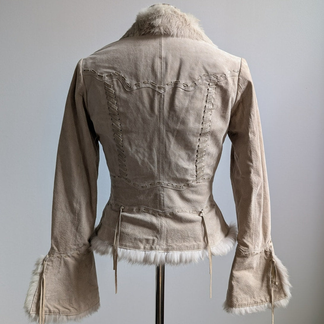 Vintage Tan Suede Penny Lane Coat Neutral Leather Fur Trim Boho Chic Coat Small