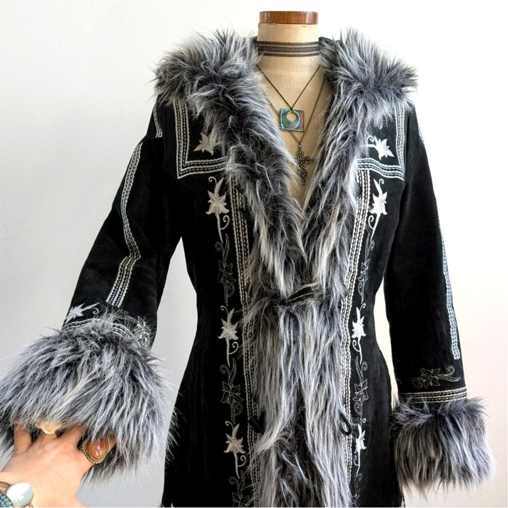 Vintage Black Suede Coat Penny Lane Groovy Faux Fur Jacket Afghan Trench Medium