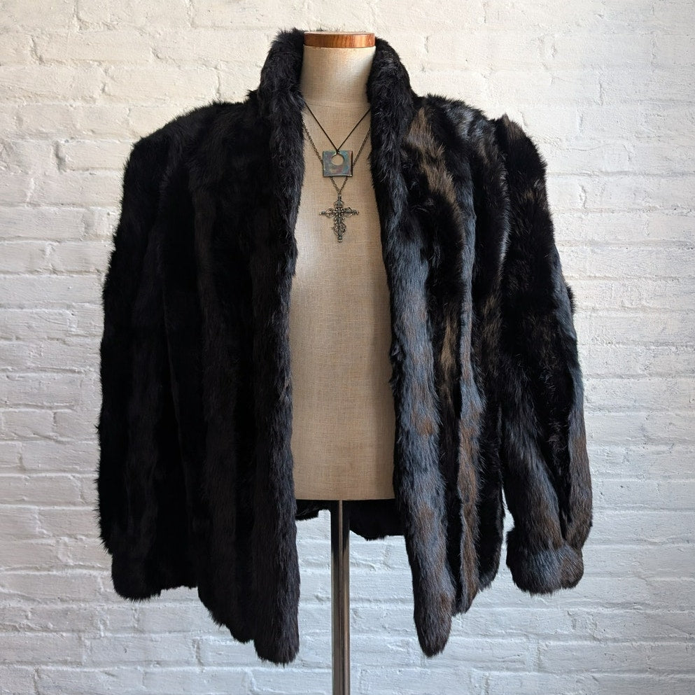 Vintage Jet Black Genuine Rabbit Fur Coat Minimalist Furry Fuzzy Bomber Jacket