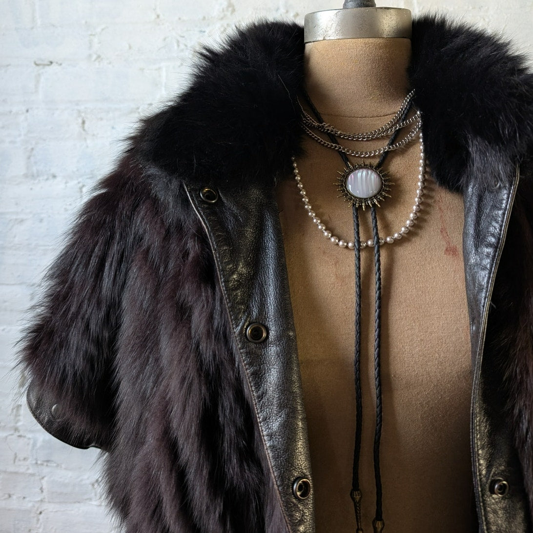 Vintage Black Leather Fox Fur Biker Jacket Minimalist Grunge Goth Moto Vest Coat