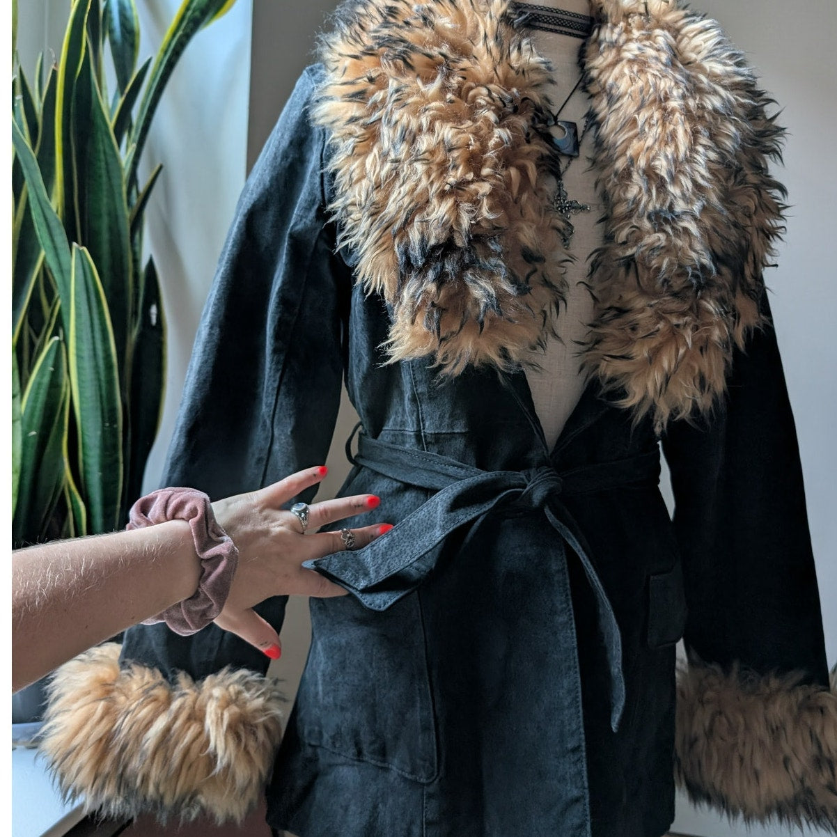 Vintage Black Leather Jacket Suede Fur Coat Penny Lane Trench Boho Afghan Small