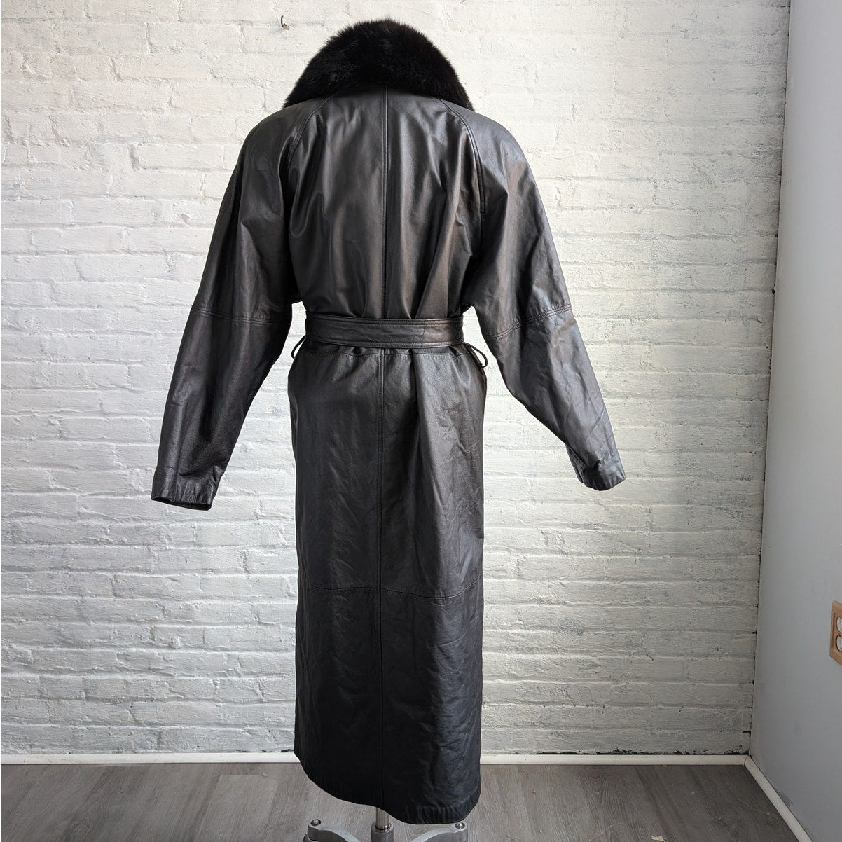 Vintage Black Leather Penny Lane Coat Fur Trench Minimalist Goth Furry Jacket