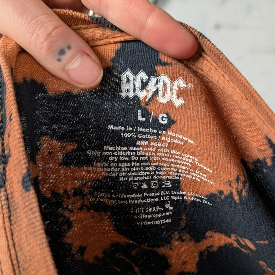 70s Retro Black Distress Graphic Print Concert Band Tee ACDC Rock Acid Wash Top