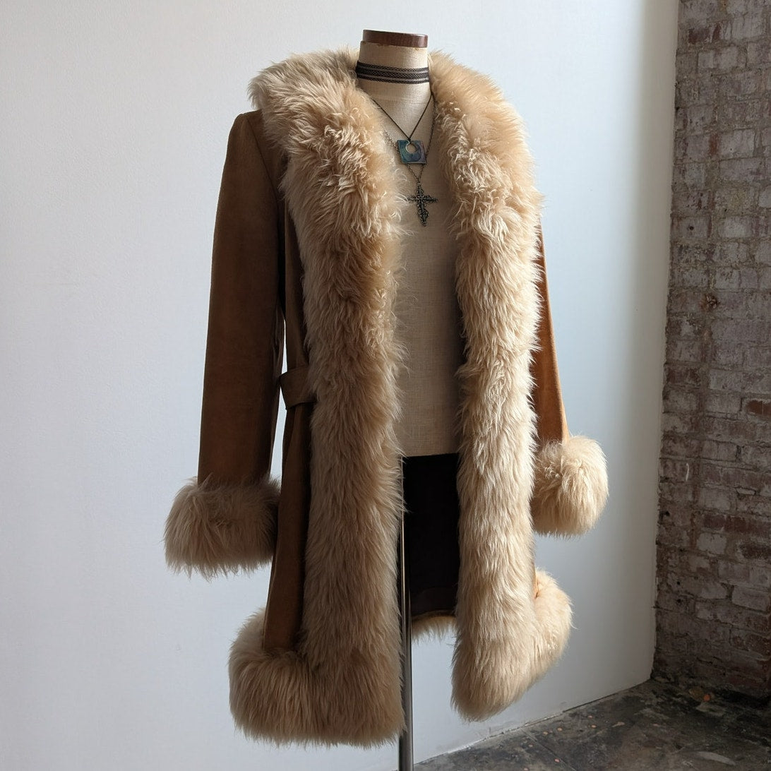 Vintage Tan Brown Suede Penny Lane Jacket Fur Furry Leather Trench Coat Small