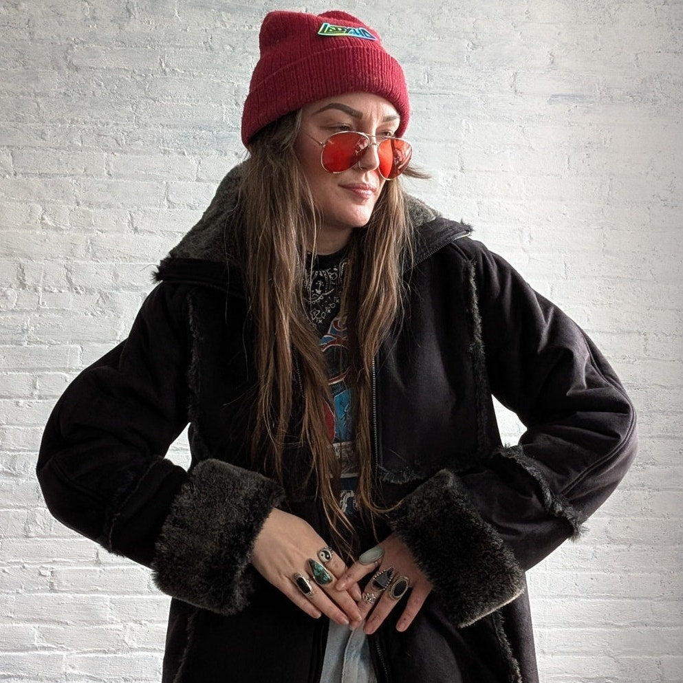 Vintage Black Faux Fur Afghan Penny Lane Jacket Shaggy Furry Boho Trench Coat