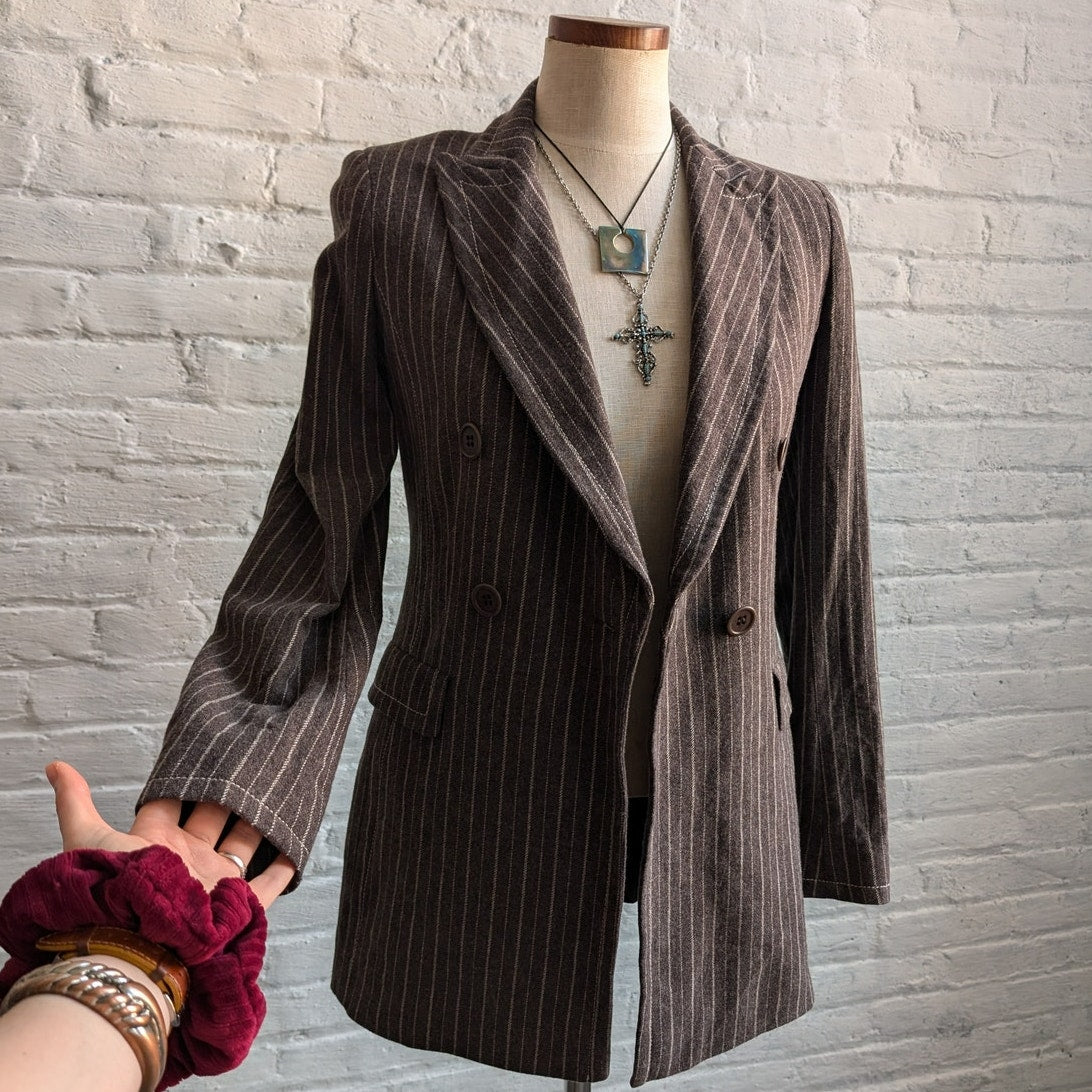 Vintage Brown Wool Pinstripe Blazer Earthy Wool Jacket Preppy Minimalist Medium