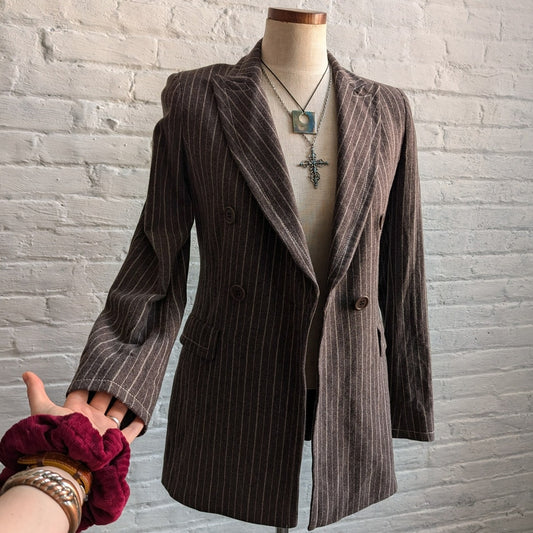 Vintage Brown Wool Pinstripe Blazer Earthy Wool Jacket Preppy Minimalist Medium