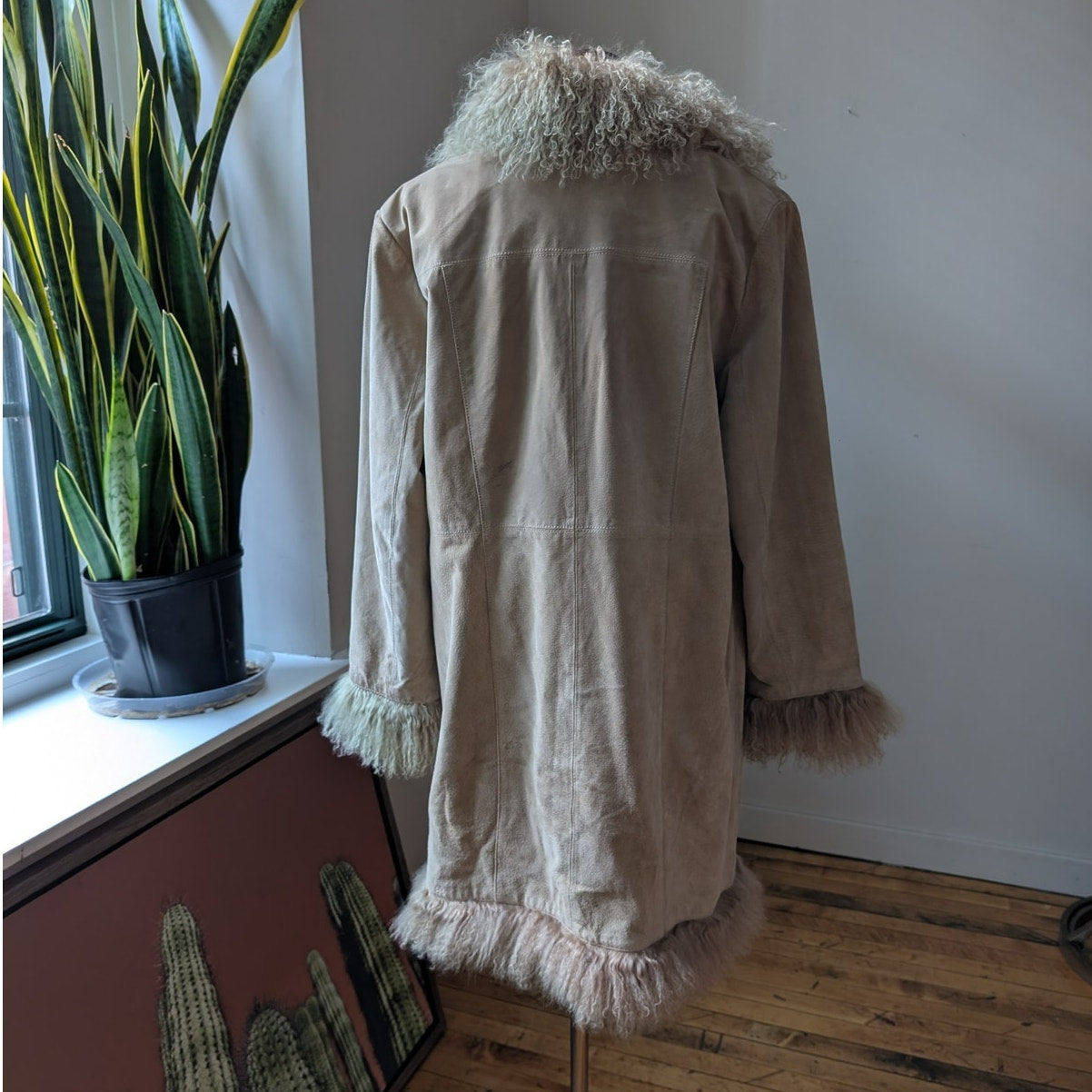 Vintage Tan Suede Penny Lane Jacket Fur Coat Groovy Leather Trench Coat Large