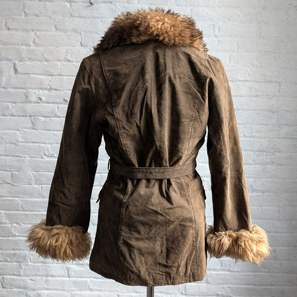 Vintage Brown Suede Penny Lane Jacket Fur Furry Leather Groovy Mod Trench Coat