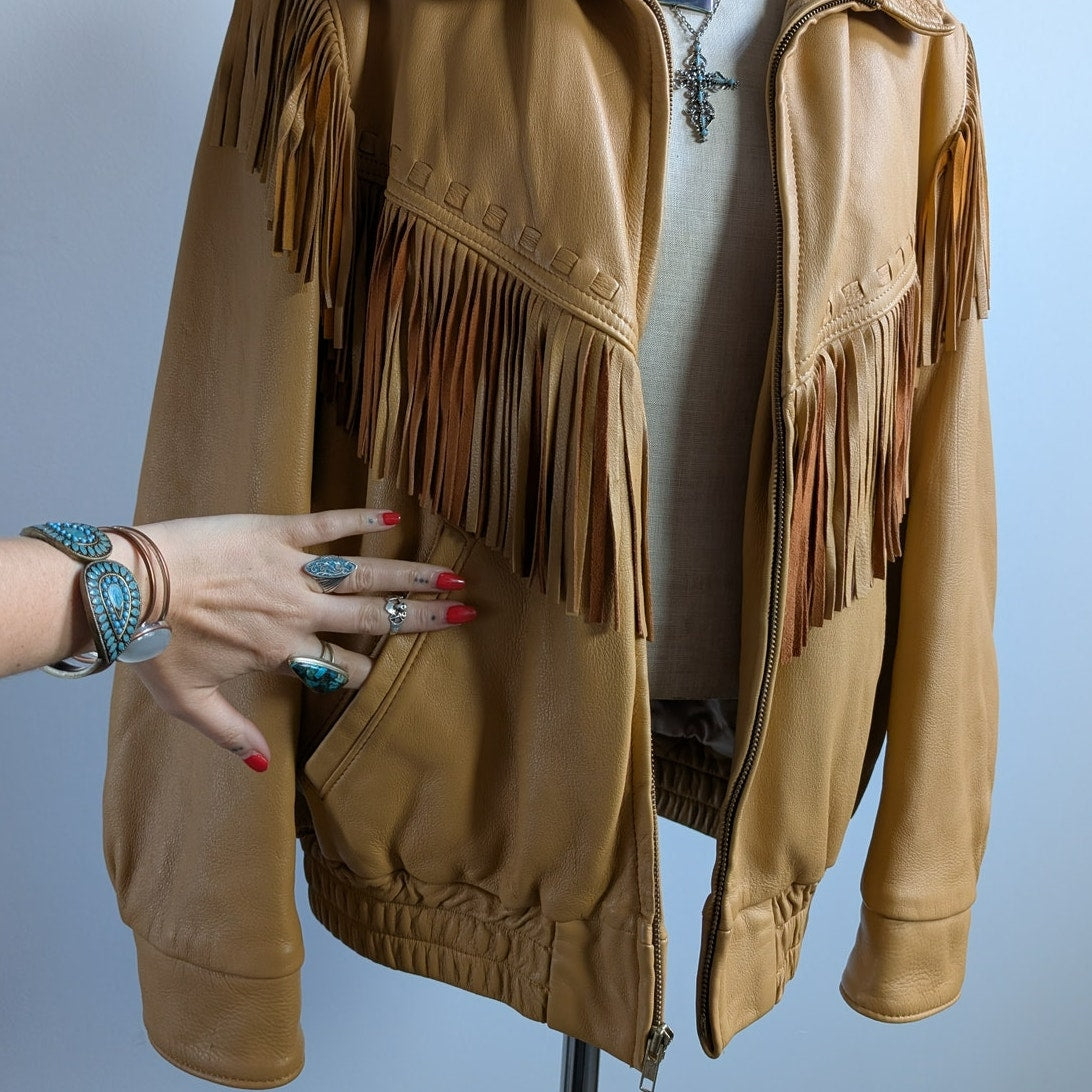 Vintage Neutral Leather Jacket 70s Fringe Biker Western Moto Bomber Coat Large