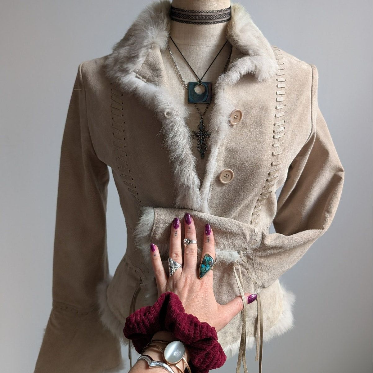 Vintage Tan Suede Penny Lane Coat Neutral Leather Fur Trim Boho Chic Coat Small