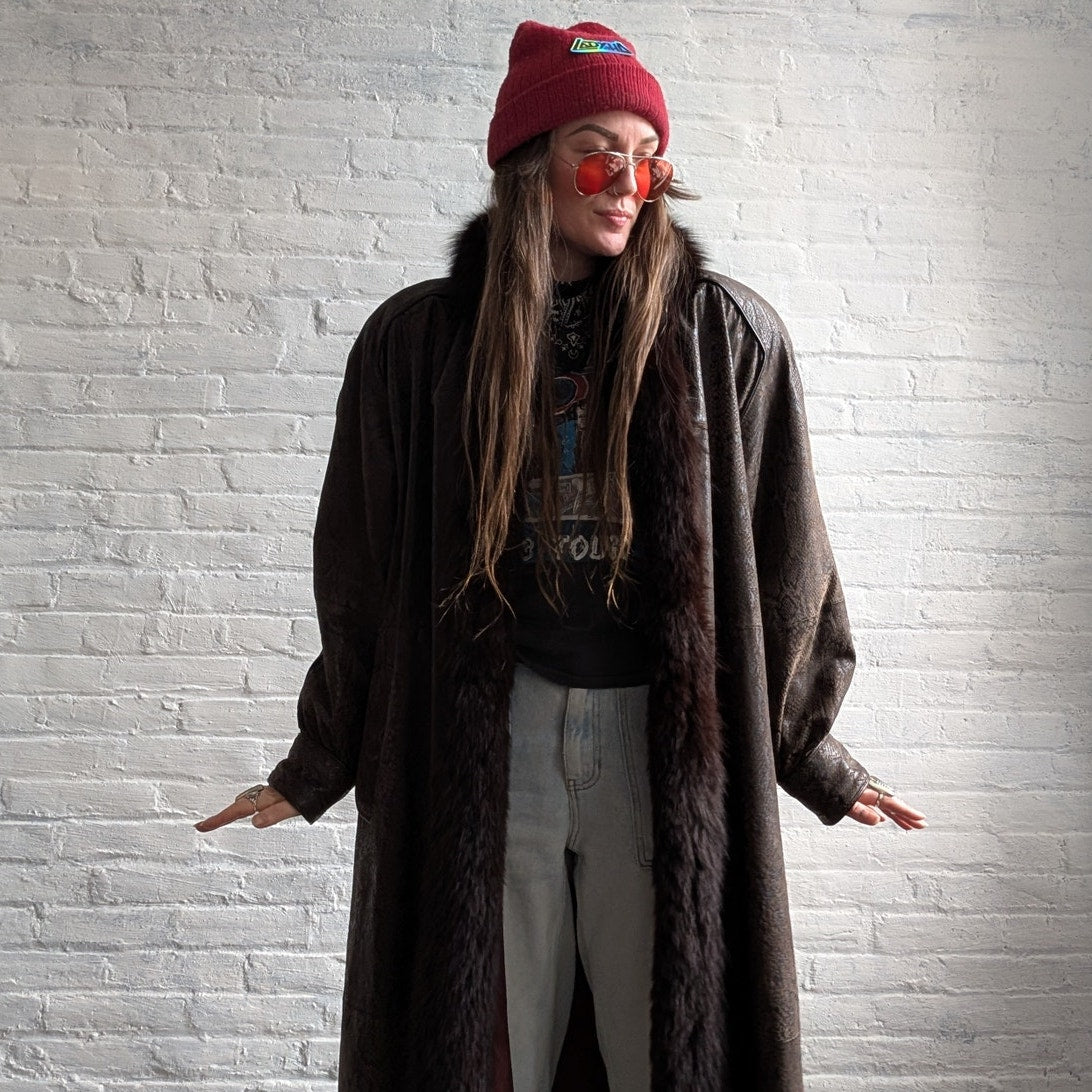 Vintage Black Leather Snakeskin Trench Coat Minimalist Penny Lane Fox Fur Jacket