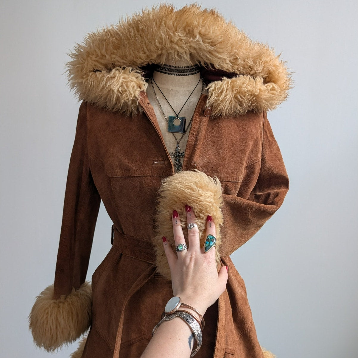 Vintage Brown Suede Coat Penny Lane Jacket Leather Trench Fur Coat Afghan Small
