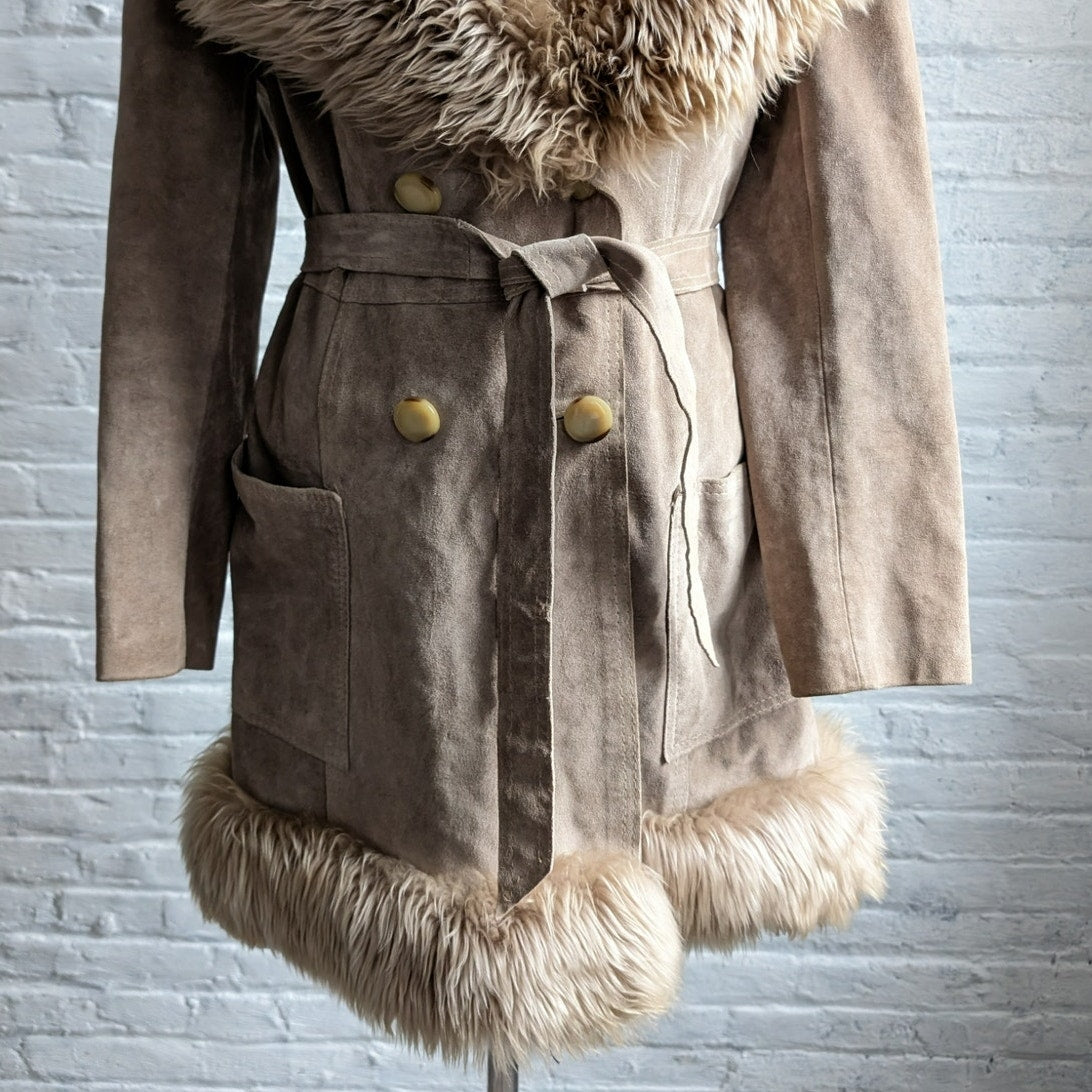 70s Vintage Brown Leather Penny Lane Coat Tan Suede Fur Groovy Boho Afghan Coat