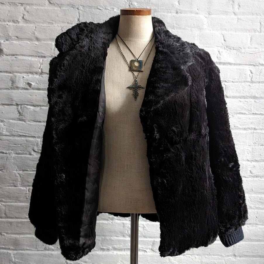 Vintage Black Rabbit Fur Bomber Coat Minimalist Shaggy Furry Fuzzy Moto Jacket