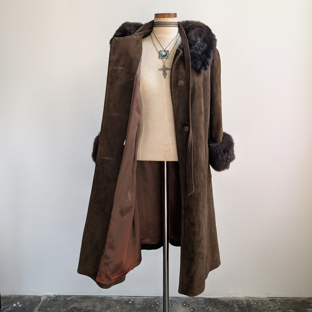 Vintage Brown Suede Penny Lane Jacket Fur Trim Leather Groovy Trench Coat Large