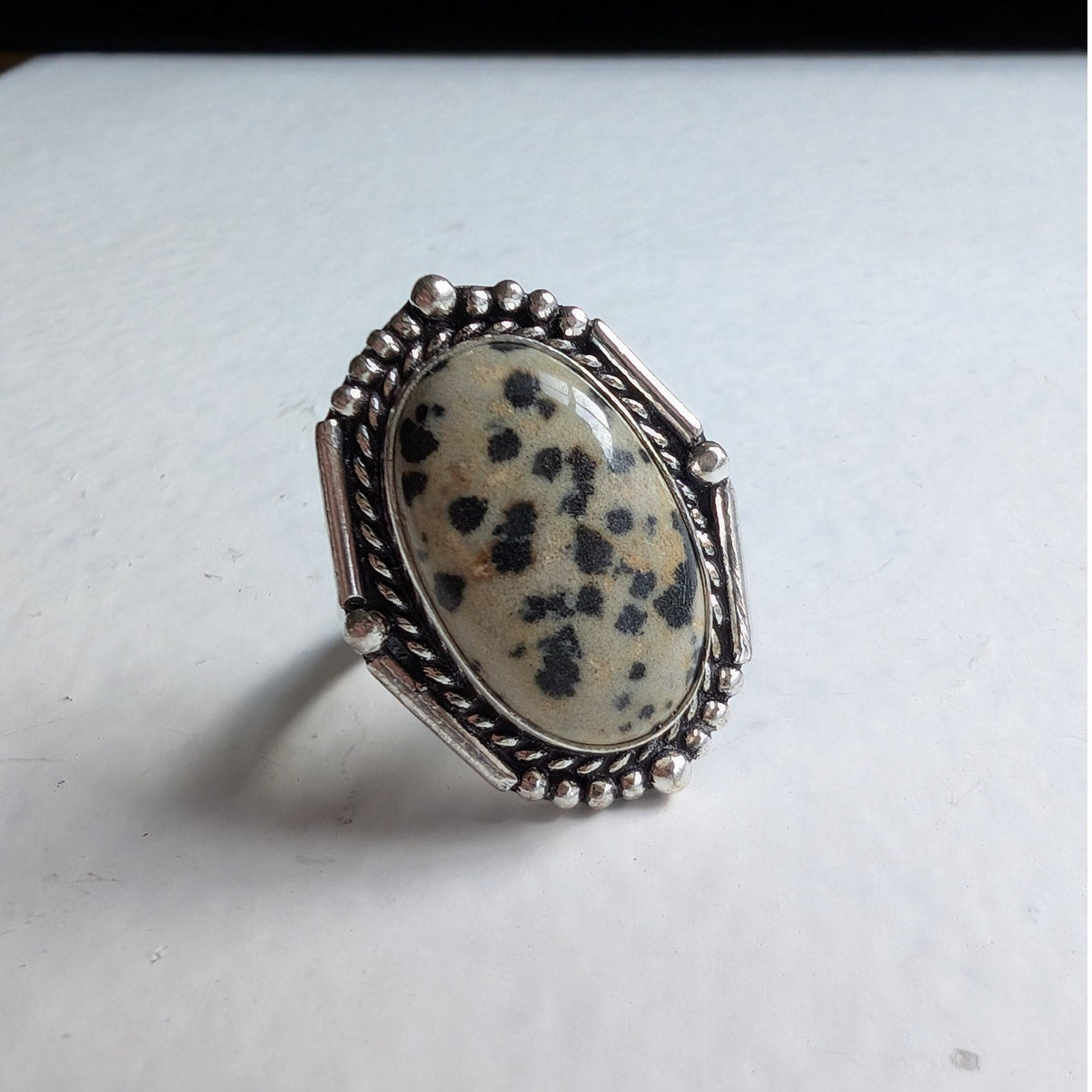 White Cowprint Sterling Silver Ring Retro Vintage Boho Natural Stone Size 8.75