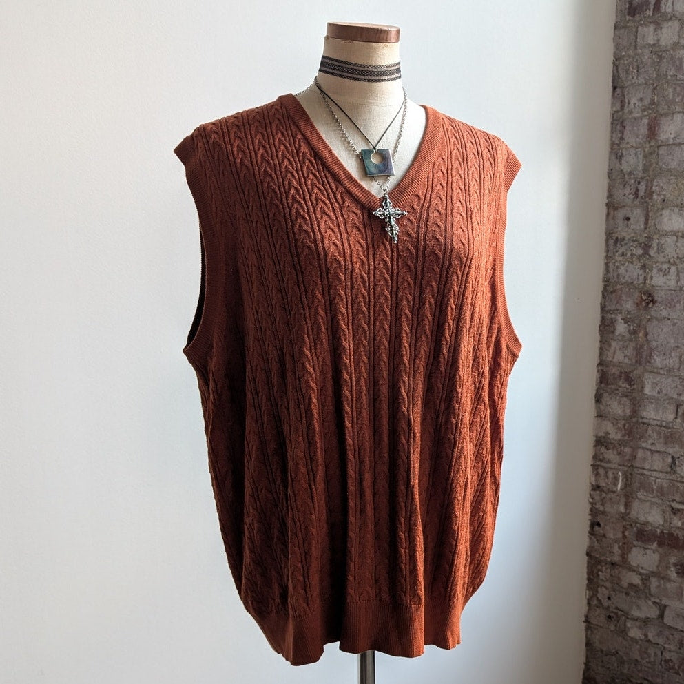 Vintage Silk Cable Knit Sweater Vest Rust Orange Grandpa Cottage Preppy Top XL