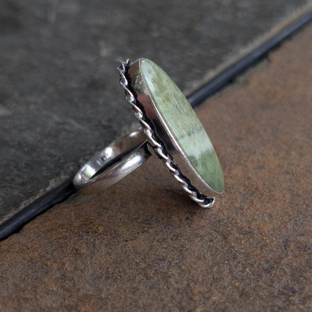 Green Sage Boho Statement Ring Oval Silver Vintage Groovy Southwest Chic Size 8