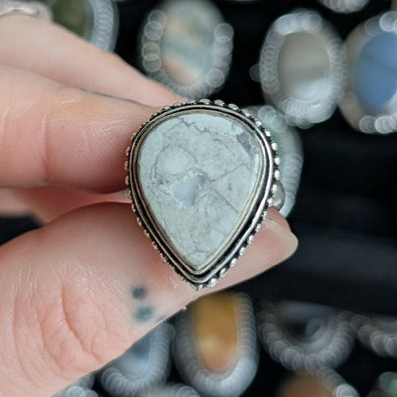 White Teardrop Sterling Silver Ring Retro Vintage Boho Natural Stone Size 5.25