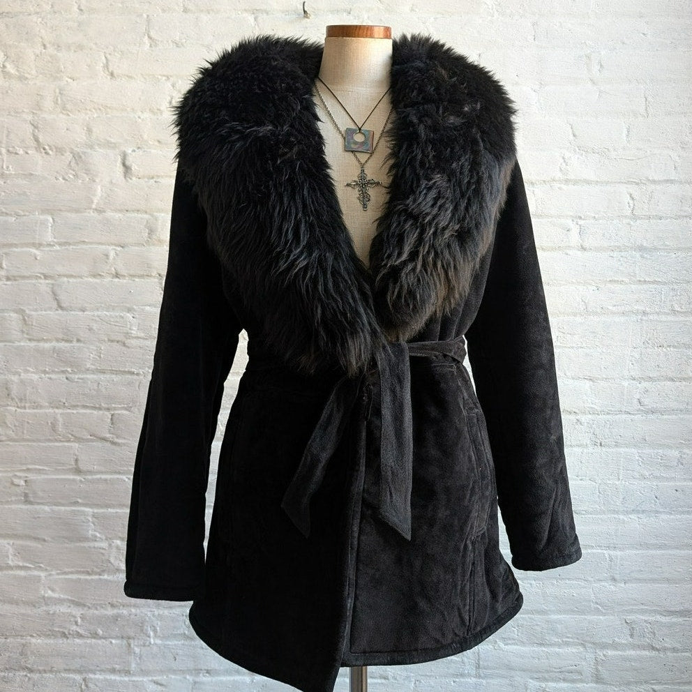Vintage Black Suede Penny Lane Coat Fur Mini Trench Minimalist Goth Furry Jacket