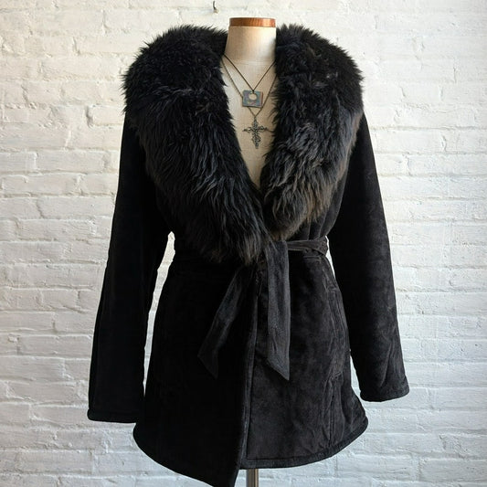 Vintage Black Suede Penny Lane Coat Fur Mini Trench Minimalist Goth Furry Jacket