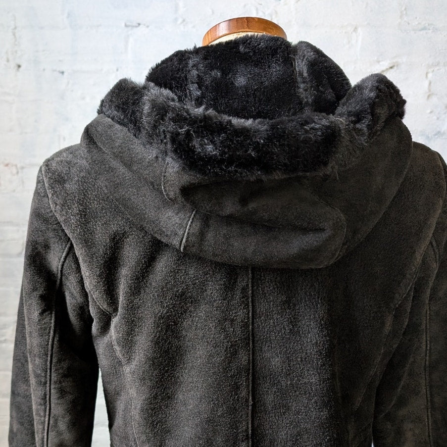 Vintage Black Suede Leather Penny Lane Coat Faux Fur Trench Minimalist Jacket