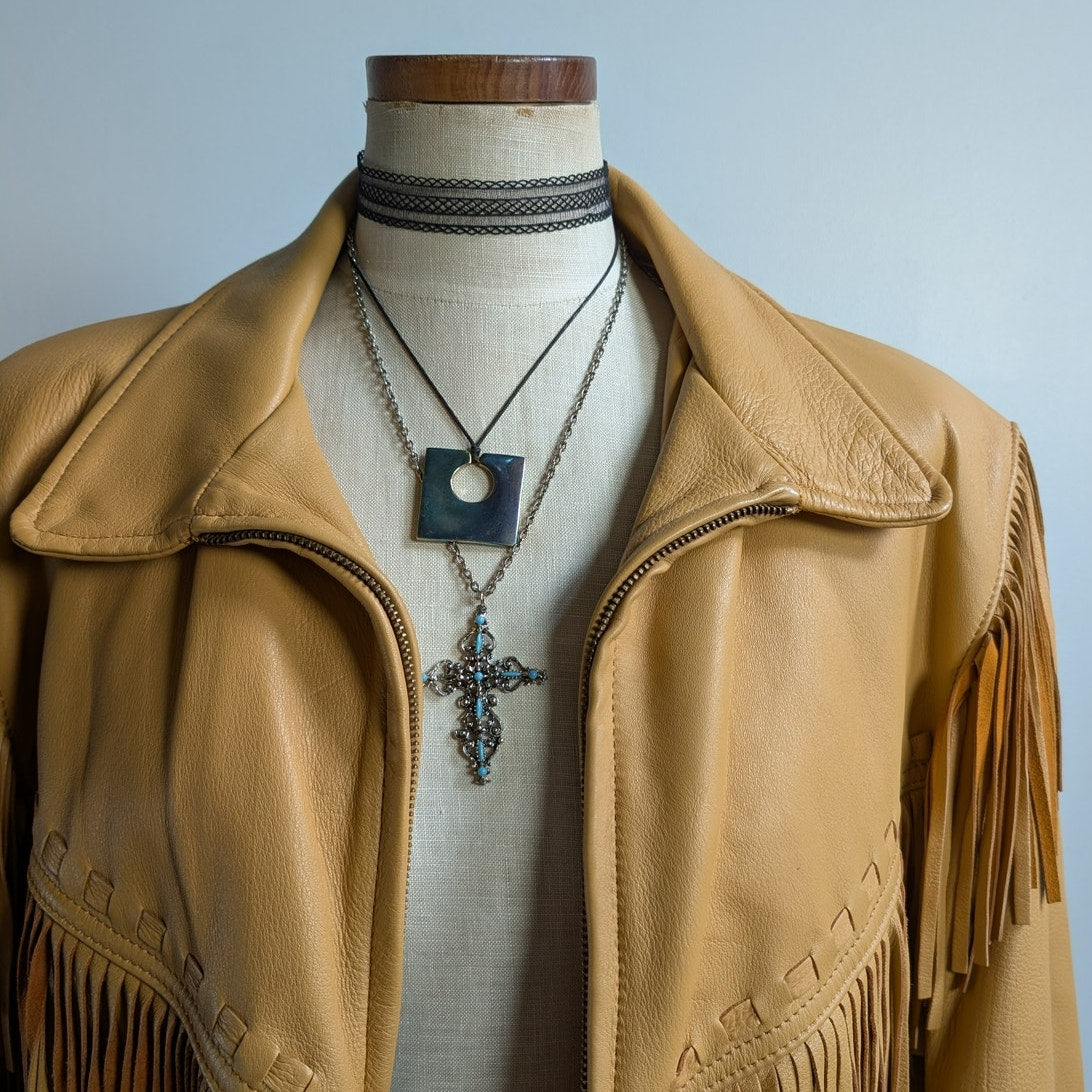 Vintage Neutral Leather Jacket 70s Fringe Biker Western Moto Bomber Coat Large