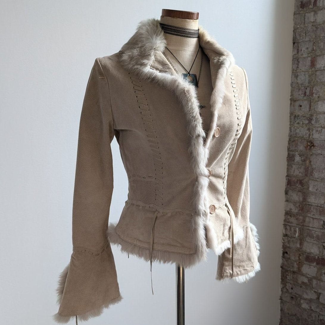 Vintage Tan Suede Penny Lane Coat Neutral Leather Fur Trim Boho Chic Coat Small