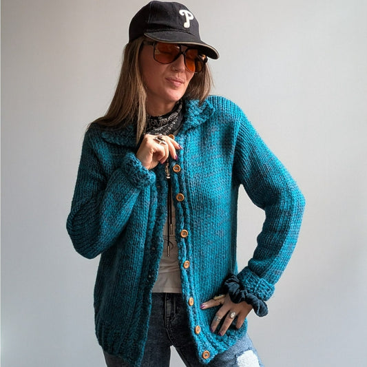 Vintage Blue Teal Chunky Knit Cardigan Cute Grannycore Cottagecore Sweater Small