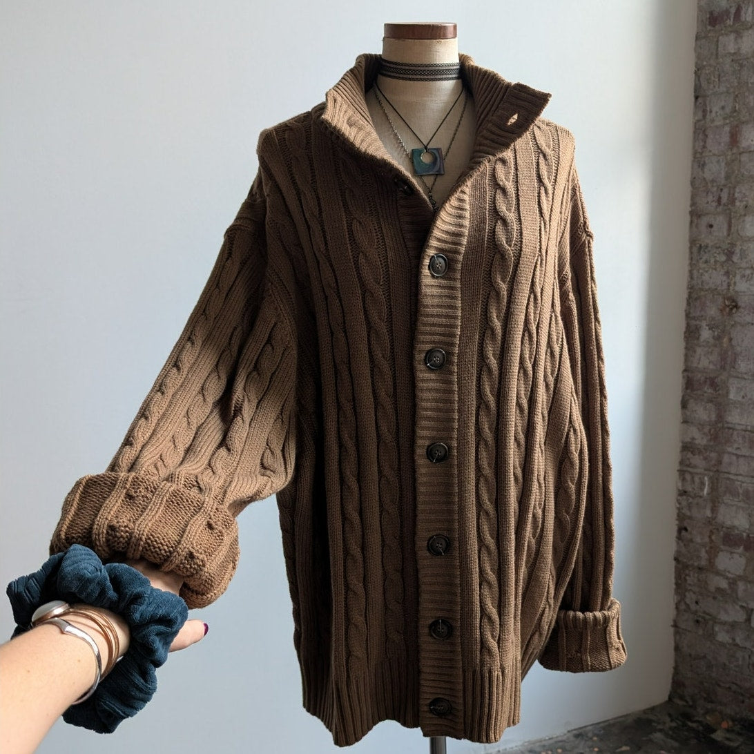 Vintage Brown Cable Knit Cardigan Chunky Grandpa Cosby Sweater Minimalist XL