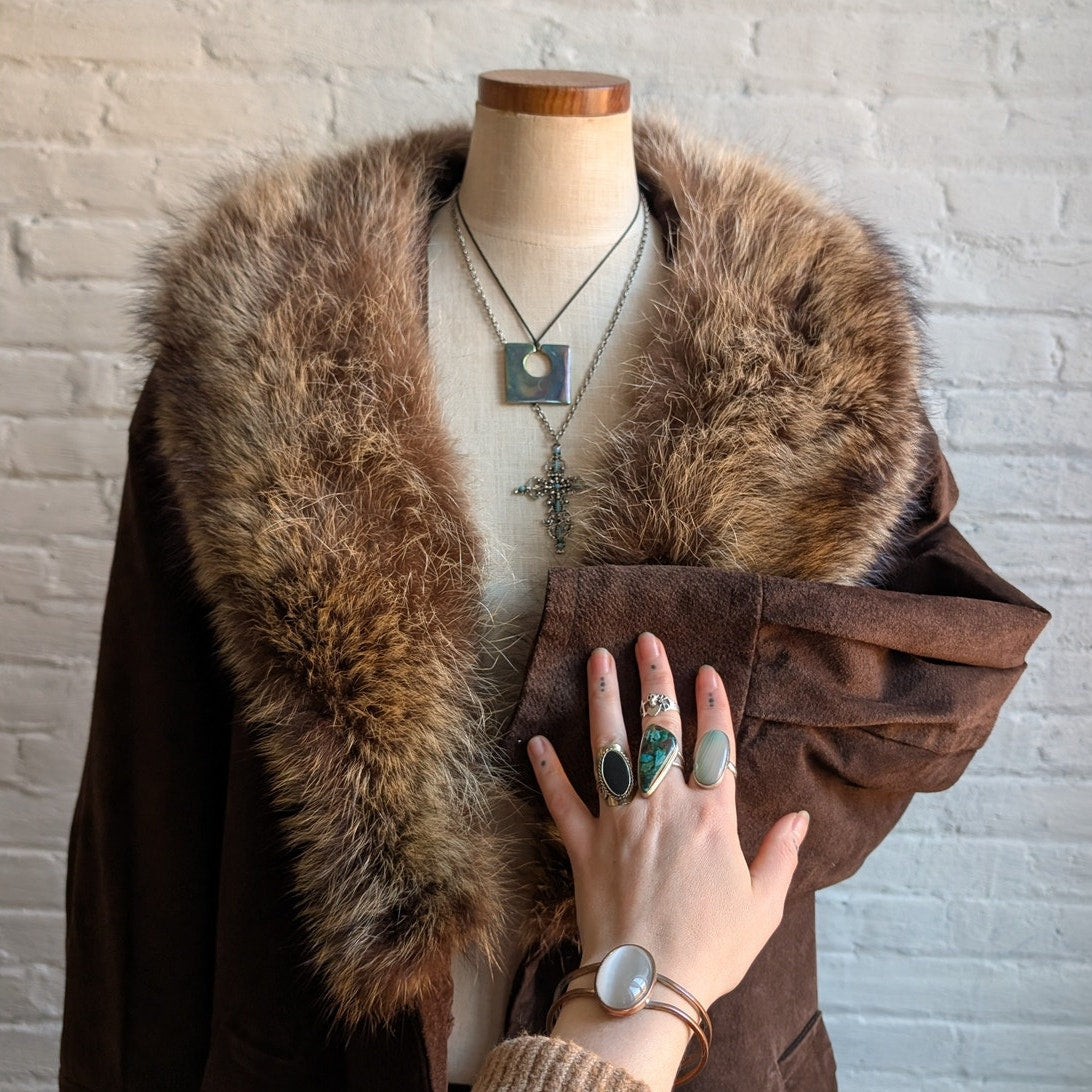 Vintage Brown Genuine Suede Fur Trim Coat Leather Minimalist Mini Trench Jacket