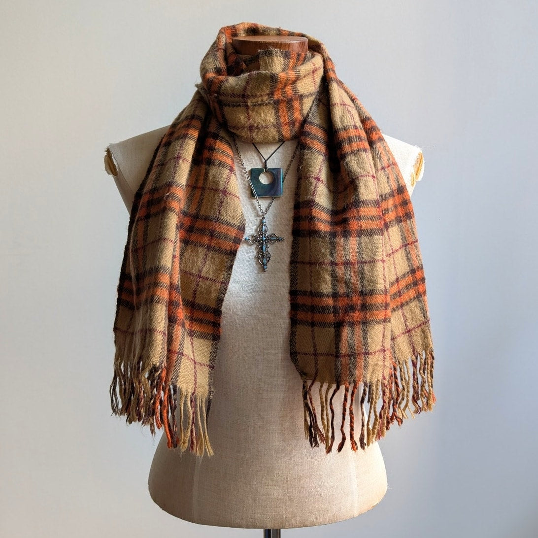 Vintage Orange Plaid Scarf 70s Striped Cashmere Western Fringe Grunge Knit Wrap