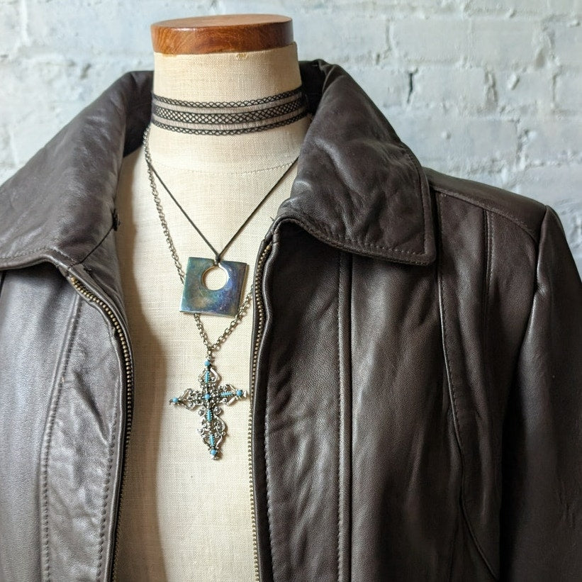 Vintage Brown Leather Jacket Y2K Sexy Lambskin Moto Chic Biker Bomber Coat Large