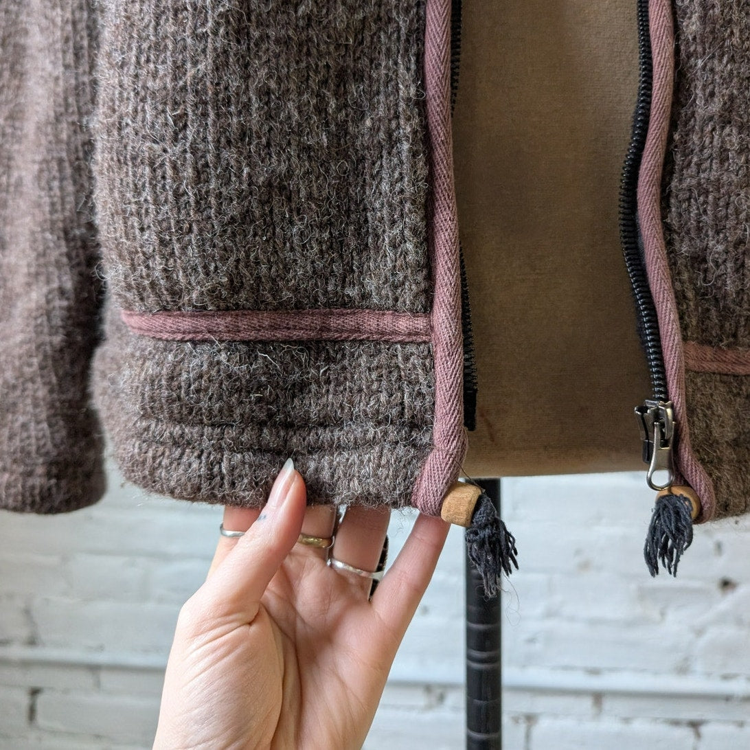 Vintage Hand Knit Wool Fleece Jacket Fuzzy Chunky Grandpa Sweater Nordic Coat