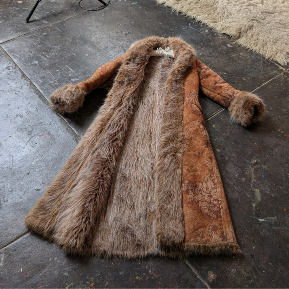 90s Vintage Penny Lane Groovy Faux Fur Jacket S Boho Afghan Tapestry Trench Coat