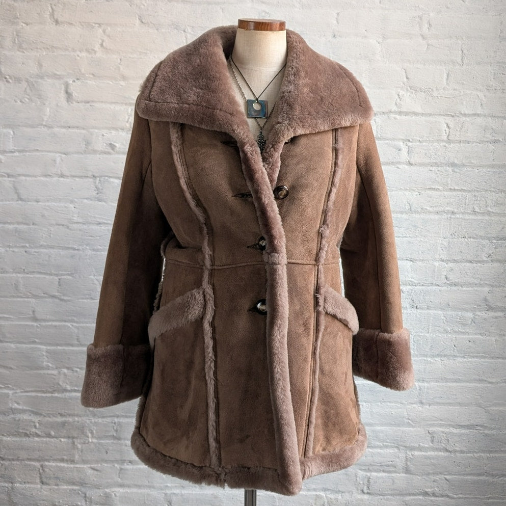 Vintage Brown Suede Leather Penny Lane Coat Shearling Minimalist Cozy Fur Jacket