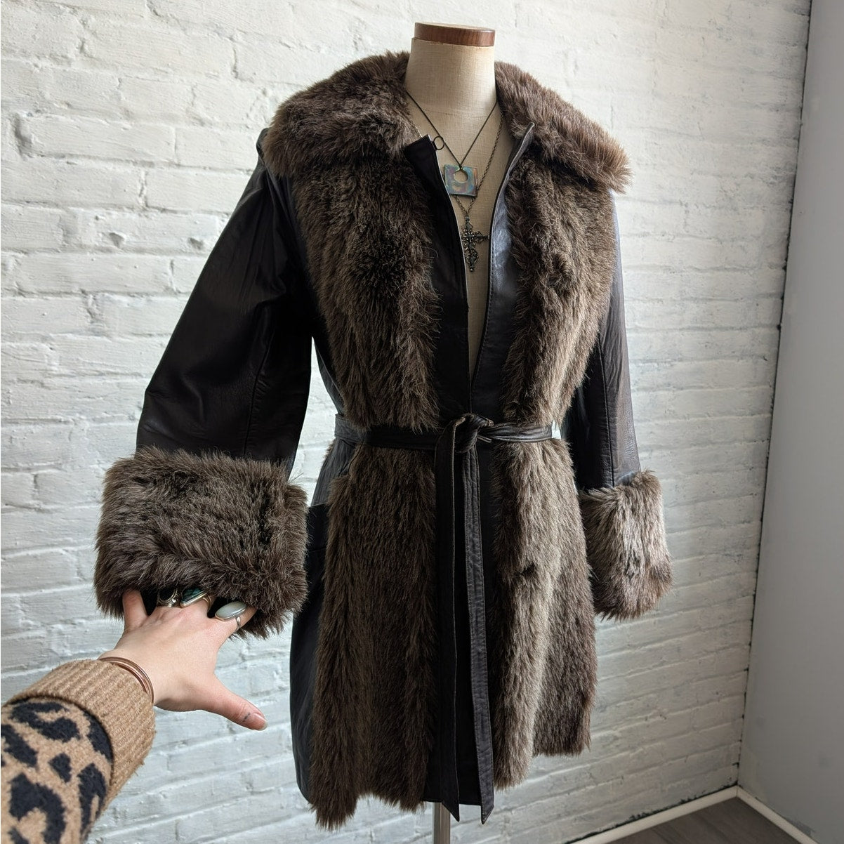 70s Vintage Black Brown Leather Penny Lane Coat Faux Fur Groovy Boho Moto Jacket