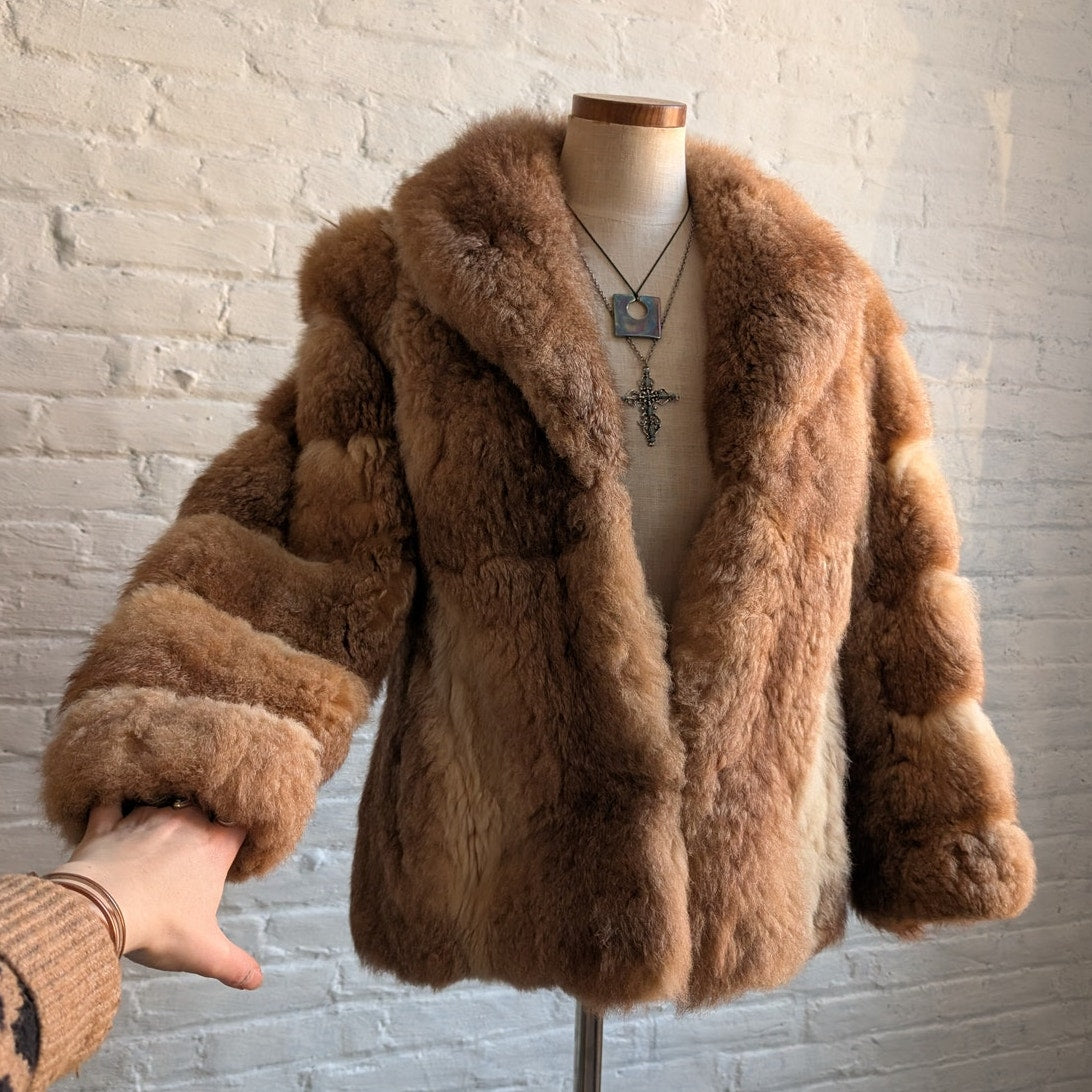 Vintage Ombre Brown Rabbit Fur Coat Crop Penny Lane Crimpy Furry Chic Mod Jacket