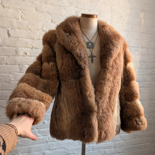 Vintage Ombre Brown Rabbit Fur Coat Crop Penny Lane Crimpy Furry Chic Mod Jacket