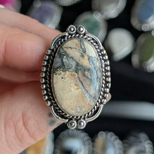 Neutral Cream Grey Sterling Silver Ring Retro Vintage Boho Natural Stone Size 8