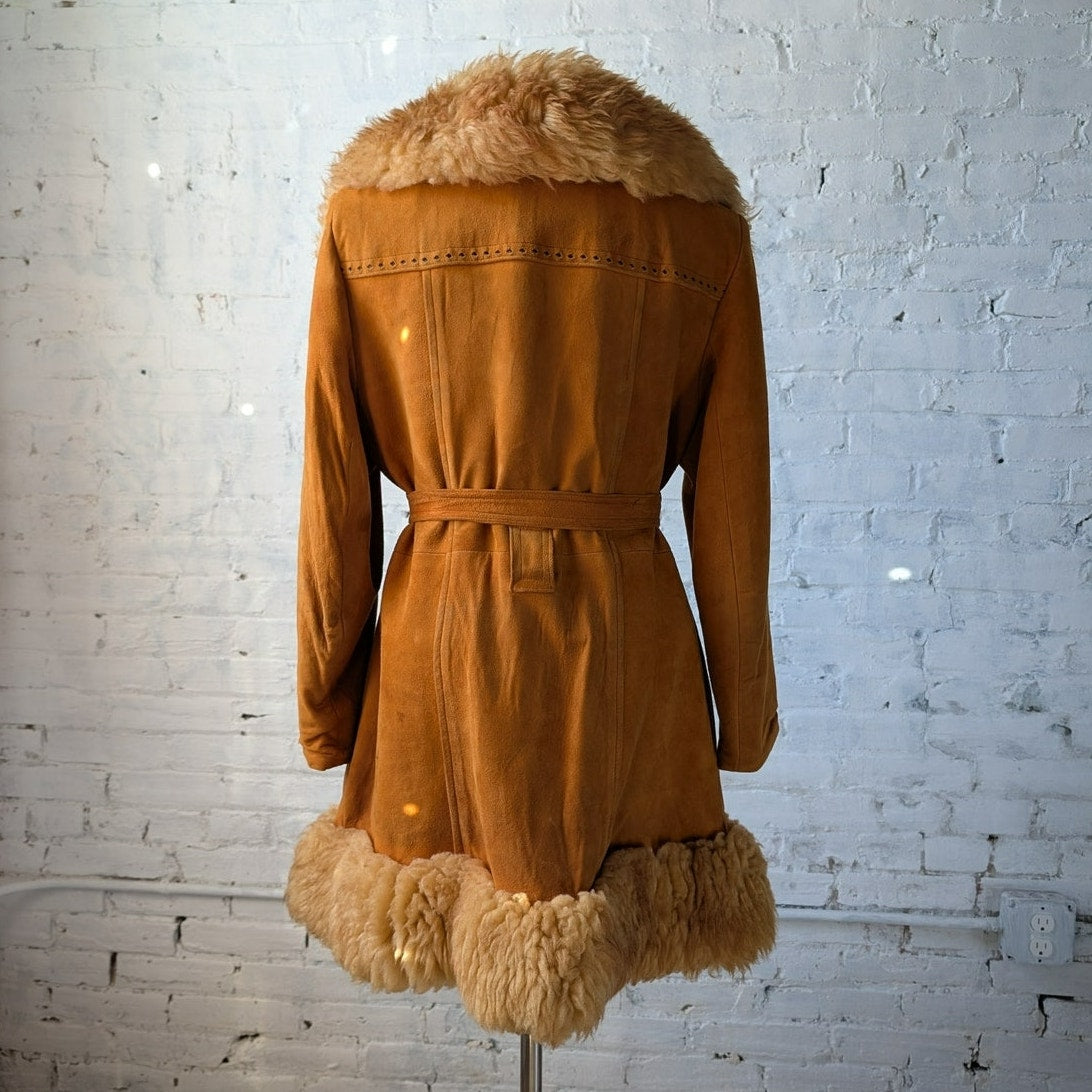Vintage Orange Suede Penny Lane Jacket Leather Trench Coat Faux Fur Coat Large