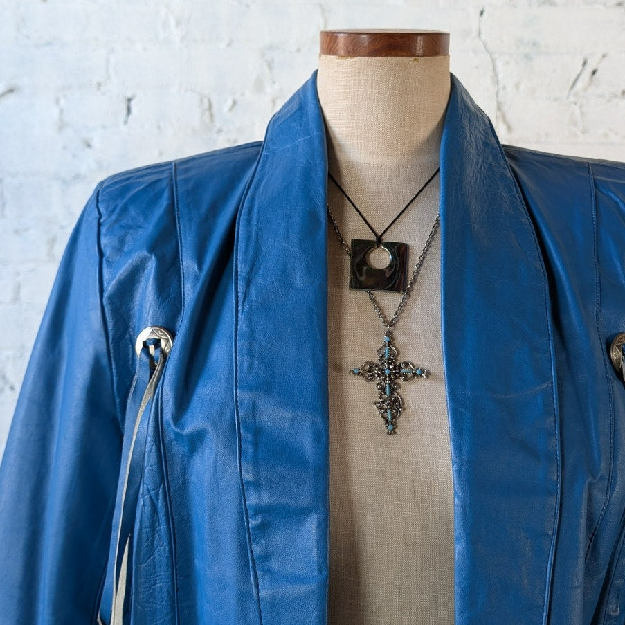 70s Vintage Cropped Fringe Leather Jacket Moto Biker Jacket Western Blue Medium